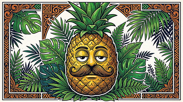 A whimsical illustration of a smiling pineapple face with a mustache, surrounded by lush tropical leaves and a decorative border, evoking a sense of fun and playfulness.