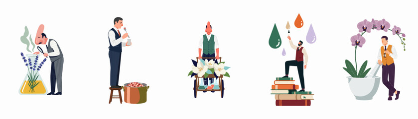 Fototapeta premium Collection of flat illustrations depicting professional perfumers and scientists creating scents, essential oils, and fragrances with botanical ingredients and laboratory equipment.