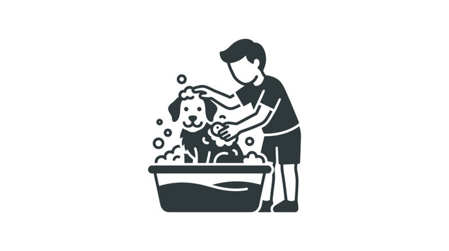 Boy washing dog in bathtub outdoors.