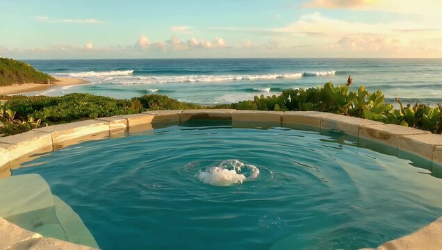 Premium cinematic 4K close up sequence of warm effervescent water swirling inside a luxury outdoor hot tub at a high end coastal getaway emphasizing refreshing liquid textures and a deeply relaxing