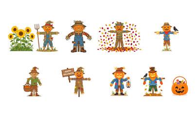 Fototapeta premium Halloween Pumpkin Head Scarecrow Flat Color Vector Illustration Set On PNG Background, Halloween, scarecrow, pumpkin scarecrow, pumpkin head, jack o lantern, jack-o'-lantern, autumn, fall, harvest, 