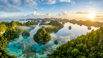 Obraz premium An extraordinary cinematic aerial masterpiece showcasing the full natural beauty of Raja Ampat, Southwest Papua, Indonesia