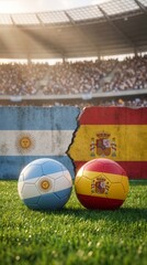 Fototapeta premium A composition of Argentina and Spain soccer balls on a stadium pitch, featuring a dramatic concept of separation by a cracked wall.
