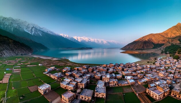 drone shot of rural village view and lake nandagan uttar pradesh