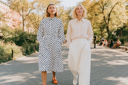 Two women in contrasting early fall outfits walking on a park path, one in a polka dot dress and the other in a striped shirt and white trousers