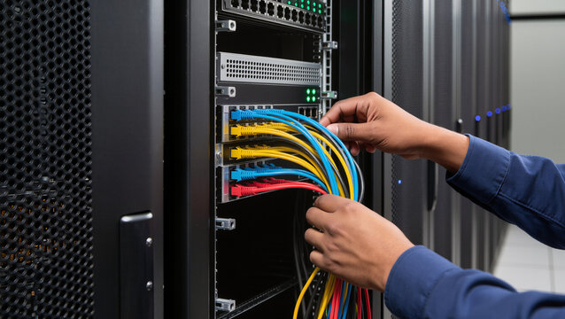 Network administrator managing server cables, Hands connecting ethernet patch cords in rack, Datacenter hardware maintenance process, Server room cable management close-up