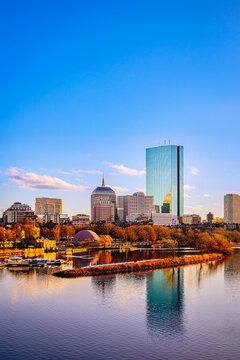 Boston City Golden Skyline over the Charles River in Massachusetts, USA