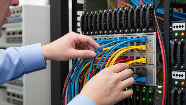 Network administrator managing server cables, Hands connecting ethernet patch cords in rack, Datacenter hardware maintenance process, Server room cable management close-up