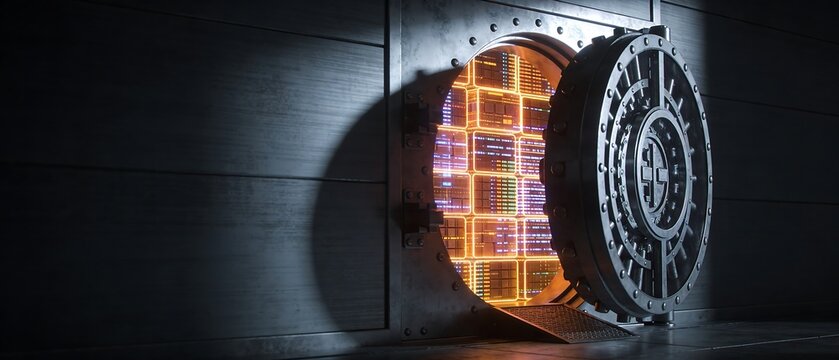 Open futuristic bank vault door revealing glowing digital data storage