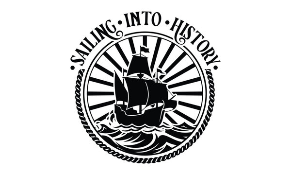 Sailing Into History - Vintage nautical emblem with a ship on waves and sunburst lines