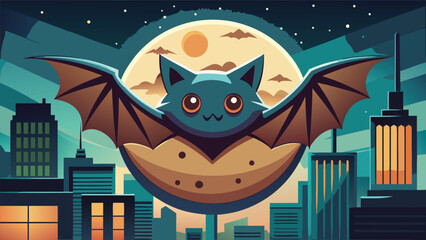 Cute cartoon bat flying in front of large full moon over city buildings with flying mammal halloween architecture building illustration nighttime celebration background landscape buildings