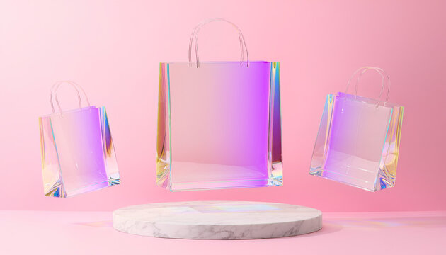 Minimalistischer Podest mit schwebenden gl&auml;sernen Einkaufstaschen im Pastell-Design
