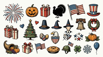 Fototapeta premium Vibrant American holiday icons and symbols on display together.