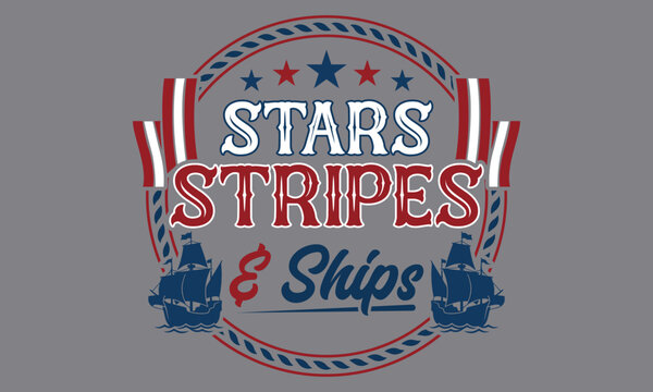 Stars Stripes and Ships - Patriotic American style emblem with historic sailing vessels and rope frame