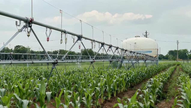 A remarkable ultra high definition 4K agricultural video capturing a modern automated crop irrigation system spraying clean refreshing water mist over rows of fresh green crops under a bright blue
