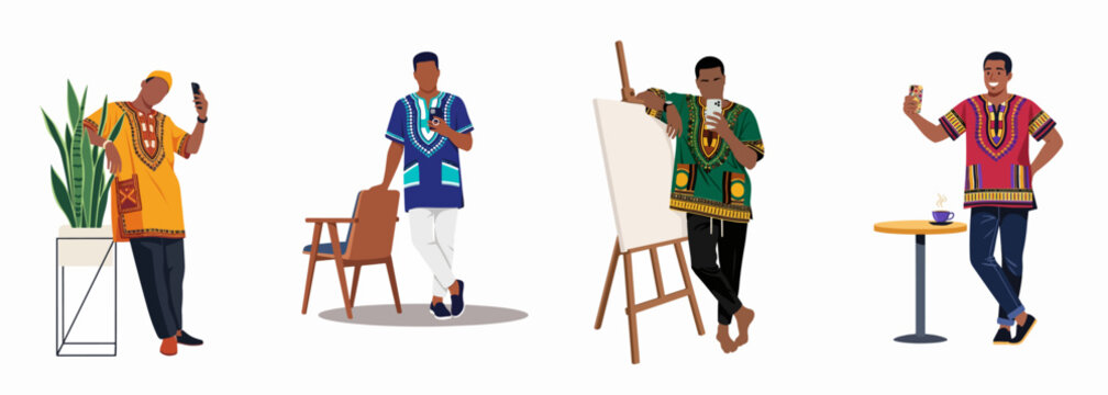 Set of illustrations featuring a modern African man in traditional dashiki clothing using a smartphone in various lifestyle settings.