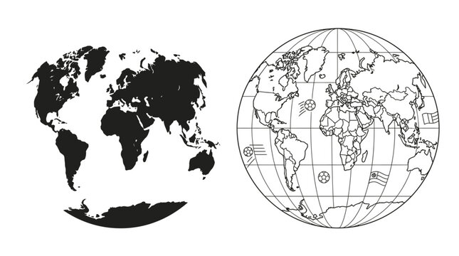 World Map Silhouette And Line Art On White Background