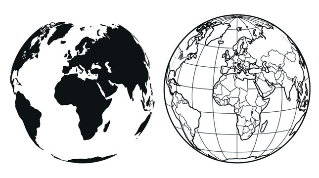 Globe silhouettes with continental outlines black and white graphic
