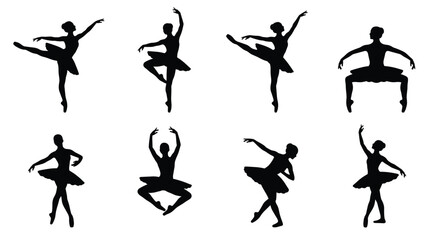 Set of eight black silhouettes of ballerinas in various dance poses and ballet positions wearing tutus isolated on a white background, for performing arts, and dance concepts © NoobCreaTion