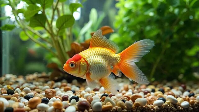 A vibrant goldfish swimming in a tranquil aquarium setting.