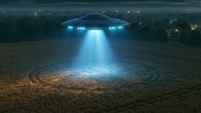 Unidentified flying object hovering over a crop circle in a dark rural field.