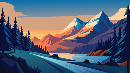 Majestic mountain range at sunset with reflective lake and pine forest mountain landscape reflection wilderness tranquil environment geography adventure exploration majestic conservation © MAX