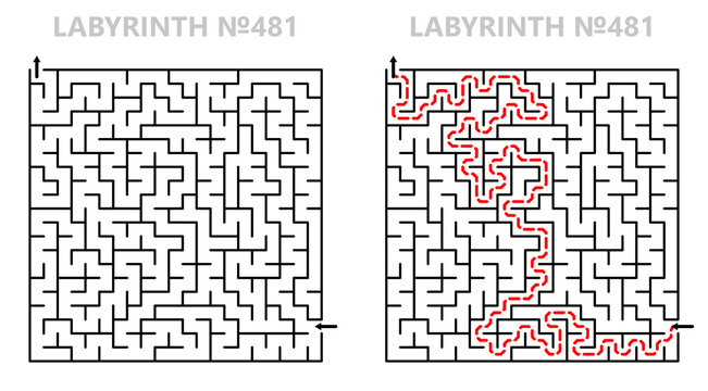 Square labyrinth 21x21 with solution. Maze for kids activity. Labyrinth game grid with answers. Medium difficulty.