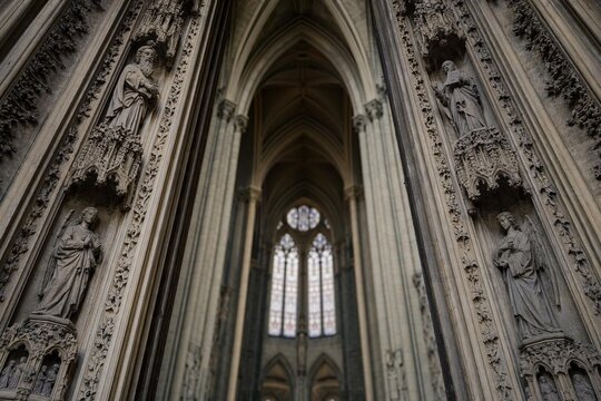 Gothic cathedral entrance with intricately carved stone jambs, soft light.