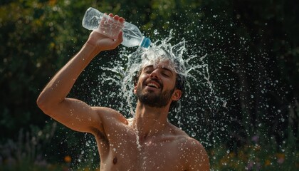 Fototapeta premium There is a man that is standing in the water with a bottle of water