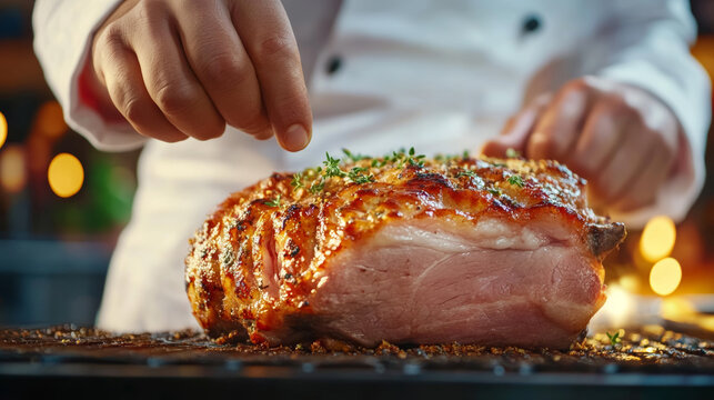 Chef preparing a succulent roasted meat dish with herbs at a culinary event in a restaurant kitchen
