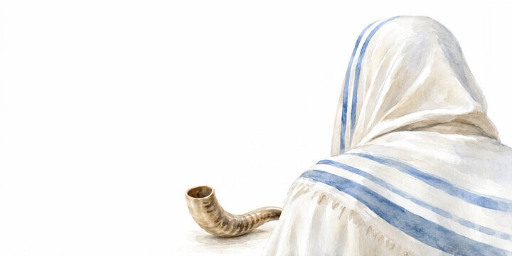 Man wearing tallit shawl with shofar on white background. Jewish man praying during Yom Kippur. Traditional religious holiday worship, spiritual atonement, faith and culture concept.
