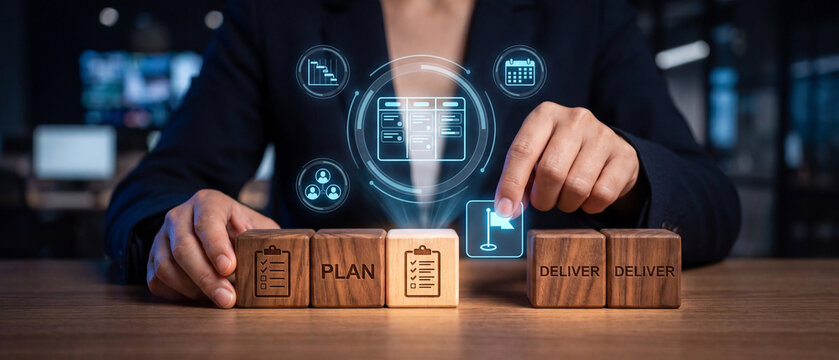 Business project management and agile methodology concept with wooden blocks