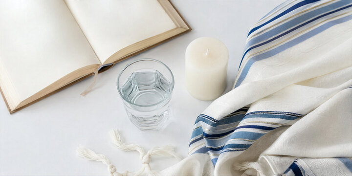 Tallit prayer shawl with yom kippur candle, water and open book. Traditional jewish religious holiday accessories for fasting and atonement. Spiritual ritual objects on white surface.