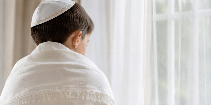 Jewish boy wearing kippah and tallit standing by window. Child praying during Yom Kippur. Traditional religious ritual in Judaism. Spiritual meditation and reflection at home interior.