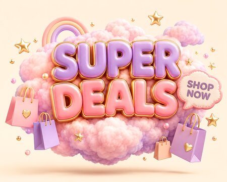 Promotional Graphics "Super Deals" Message Embodied in Whimsical Pastel Clouds with Shopping Bags and Sparkle Accents Perfect for Retail Sales and E-commerce Announcements Evoking Joyful Savings Oppor