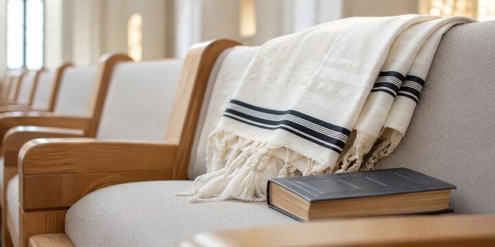 Tallit prayer shawl with tzitzit and Jewish prayer book on wooden synagogue bench. Religious items for Yom Kippur observance. Traditional worship and spiritual reflection in Judaism.