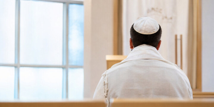 Jewish man wearing tallit prayer shawl and kippah skullcap praying in synagogue. Religious service during Yom Kippur. Spirituality and devotion in Judaism, religious tradition.