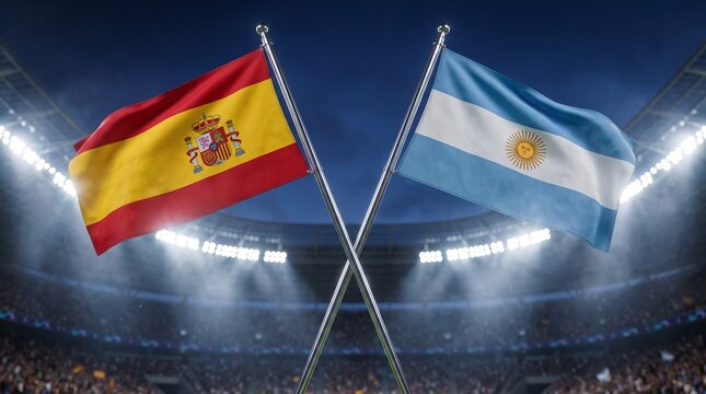 National flags of Spain and Argentina waving on silver poles during an international sports tournament in a brightly lit stadium