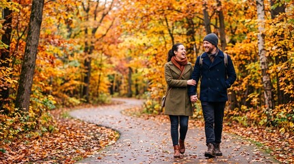 Fototapeta premium Couple walking in autumn forest. Lovers strolling hand in hand.