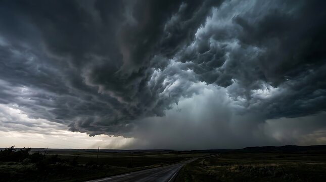 Dramatic supercell storm clouds with heavy rain over an empty asphalt road in the countryside