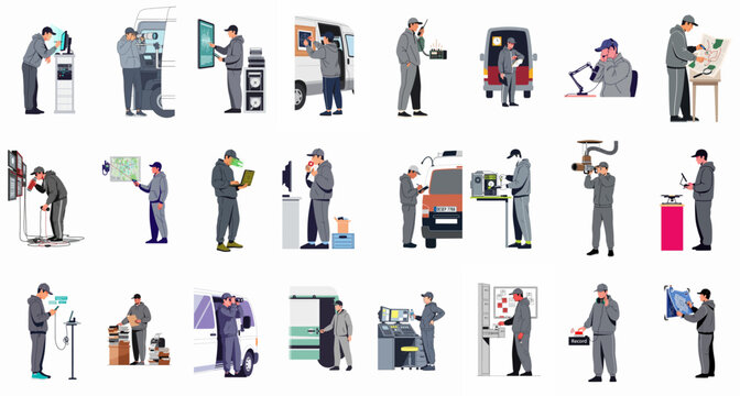 Collection of flat vector illustrations depicting a private investigator or secret agent performing various surveillance, monitoring, and investigative tasks.