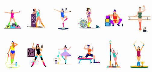Fototapeta premium Set of diverse women in colorful 80s retro aerobics and music gear performing various exercises and artistic activities against a white background.