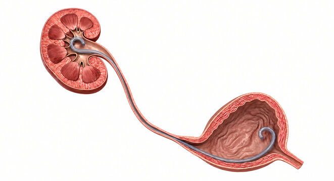 Medical illustration of a double J stent placed in the kidney, ureter, and bladder