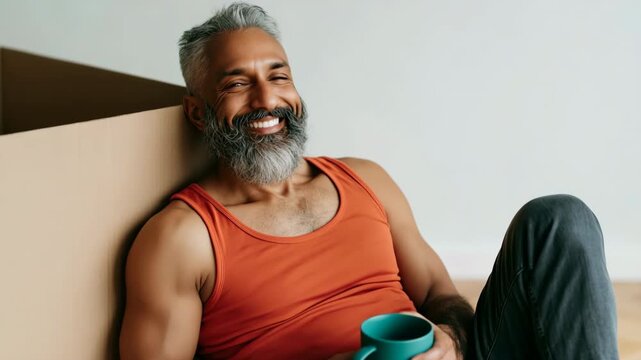 Bearded man relaxing with coffee beside moving box empty apartment