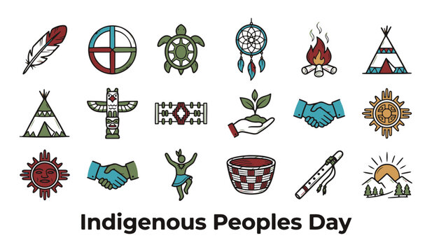 Indigenous Peoples Day Cultural Symbols Icon Set Vector. Native American traditional elements collection.