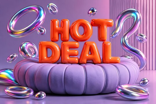 Vibrant "HOT DEAL" text rendered in 3D orange balloons atop a plush purple platform surrounded by shimmering metallic liquid blobs and fluid forms against a subtly ribbed lavender backdrop evoking exc