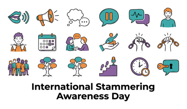 International Stammering Awareness Day Vector Icons Set for Communication and Speech Therapy