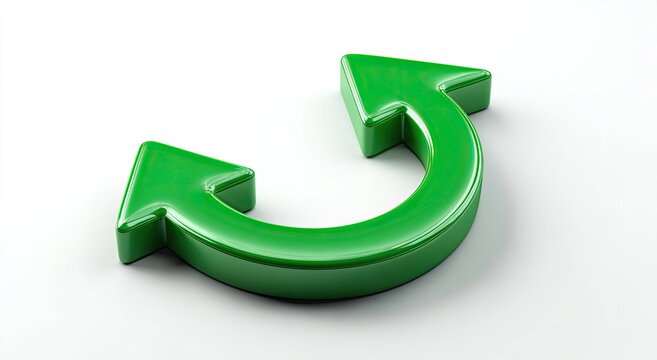 Glossy green arrow curves in a U-shape, pointing upwards and to the left