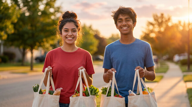 Two teens sharing joy while delivering groceries in the evening sunlight. Teen volunteers are delivering bags of groceries.