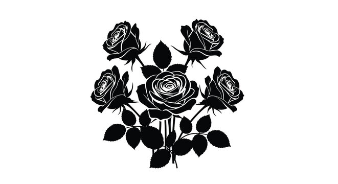 Black Silhouette Bouquet of Five Rose Flowers with Leaves Isolated on White Background &ndash; Floral Botanical Vector Illustration